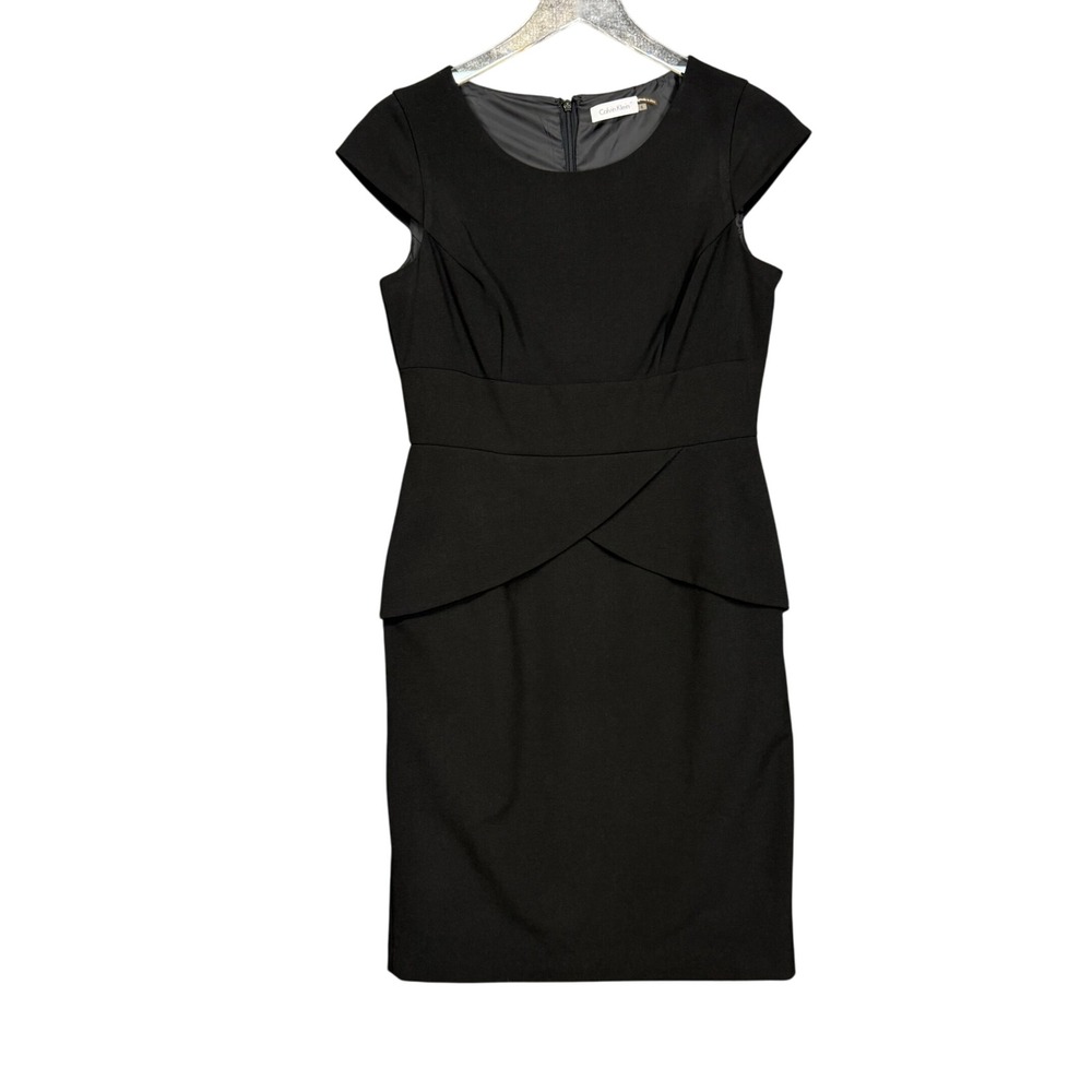 Calvin Klein Dress Womens 6 Black Cap Sleeve Sheath Professional Knee Length